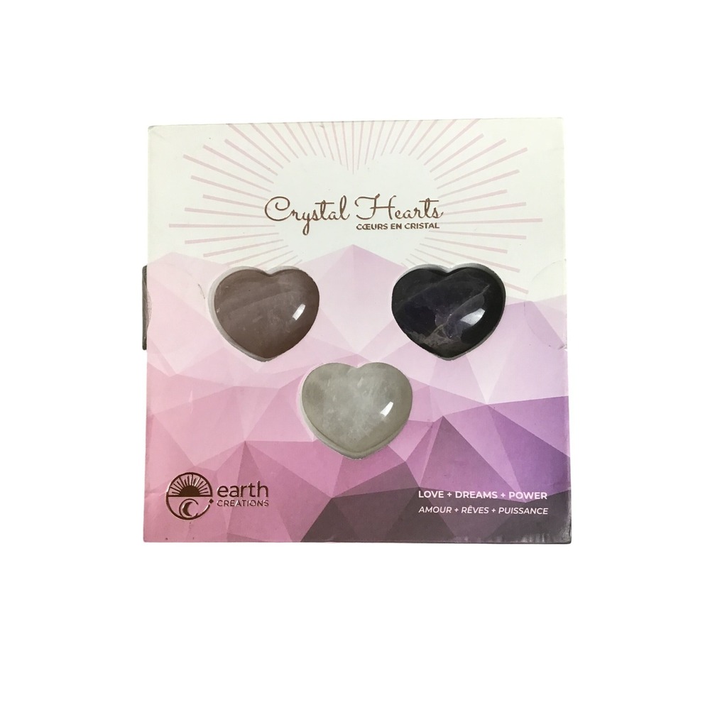 Earth Creations Crystal Hearts 3pc Set Rose‎ Quartz Amethyst Clear Quartz NIB